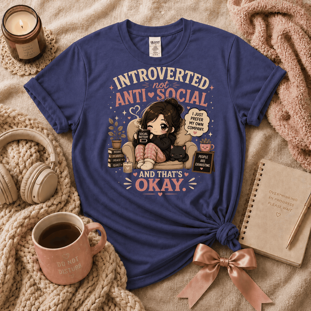 Not Anti Social introvert graphic t-shirt cozy flat lay in purple.