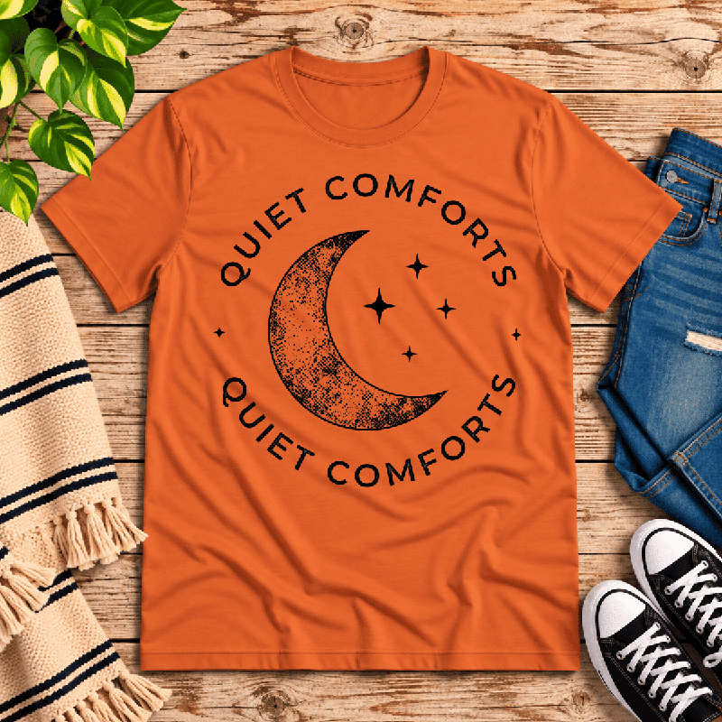 Quiet Comforts Dark Premium T-Shirt in burnt orange, flat lay