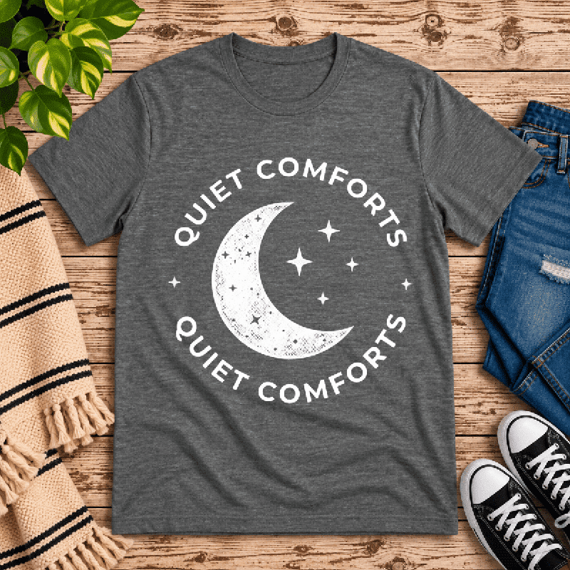 Quiet Comforts Light Premium T-Shirt in deep heather gray, flat lay