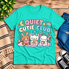 Quiet Cutie Club Premium T-Shirt in heather sea green, flat lay