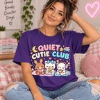 Woman wearing the Quiet Cutie Club Premium T-Shirt in team purple