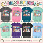 Quiet Cutie Club Premium T-Shirt color chart: Asphalt, Charity Pink, Deep Teal, Heather Sea Green, Mint, Team Purple, Vintage Black, Baby Blue
