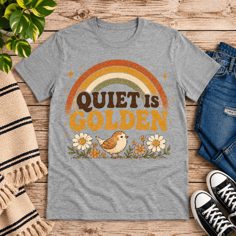 Quiet Is Golden Premium T-Shirt in athletic heather gray, flat lay