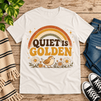 Quiet Is Golden Premium T-Shirt in vintage white, flat lay with distressed rainbow and bird-with-daisies graphic
