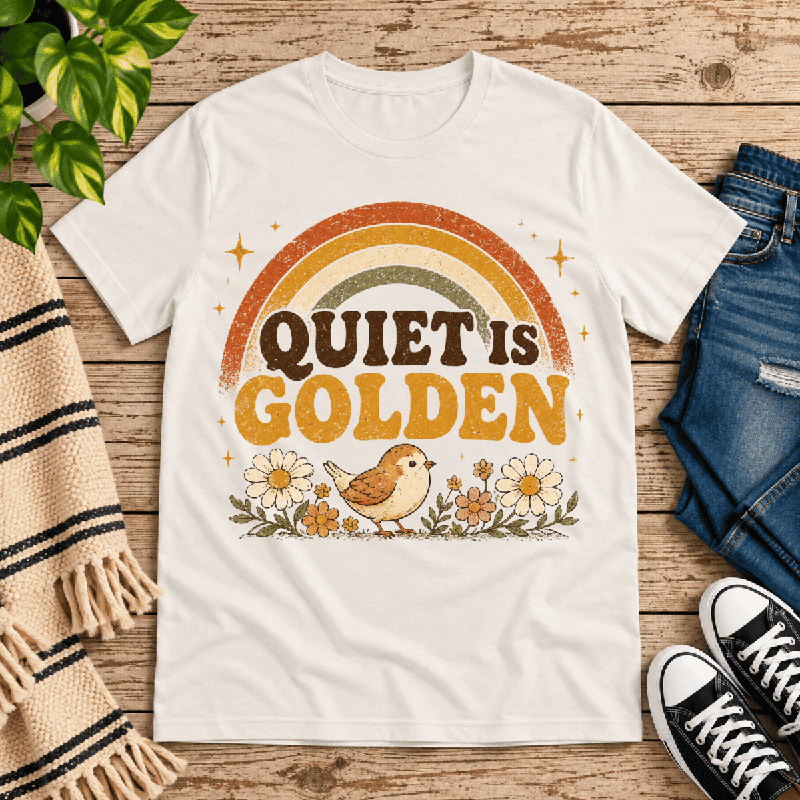 Quiet Is Golden Premium T-Shirt in vintage white, flat lay with distressed rainbow and bird-with-daisies graphic