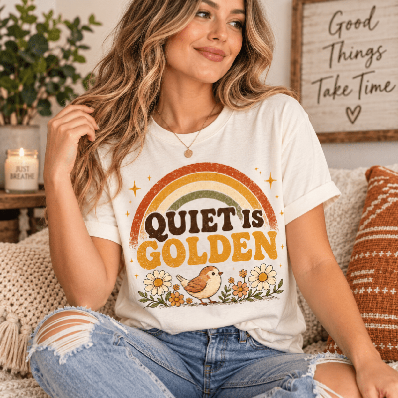 Woman sitting indoors, wearing the Quiet Is Golden Premium T-Shirt in vintage white