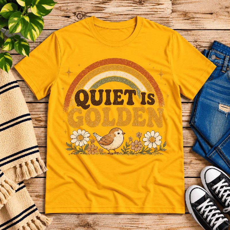 Quiet Is Golden Premium T-Shirt in gold, flat lay