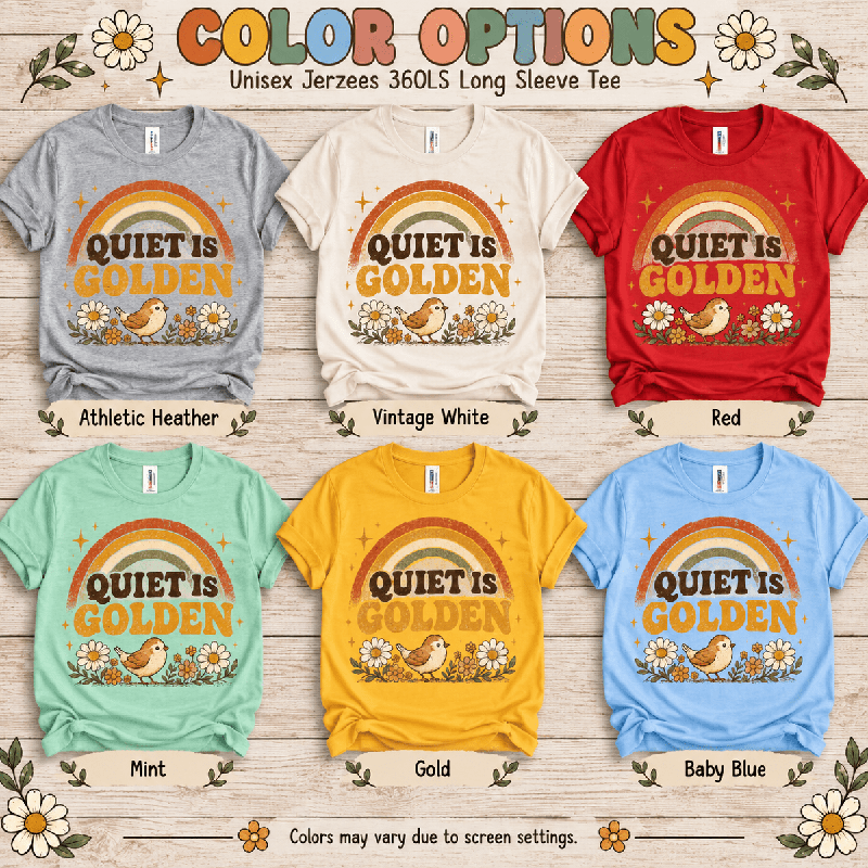 Quiet Is Golden Premium T-Shirt color chart: Athletic Heather, Vintage White, Red, Mint, Gold, Baby Blue