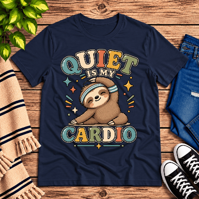 Quiet Is My Cardio Premium T-Shirt in navy, flat lay