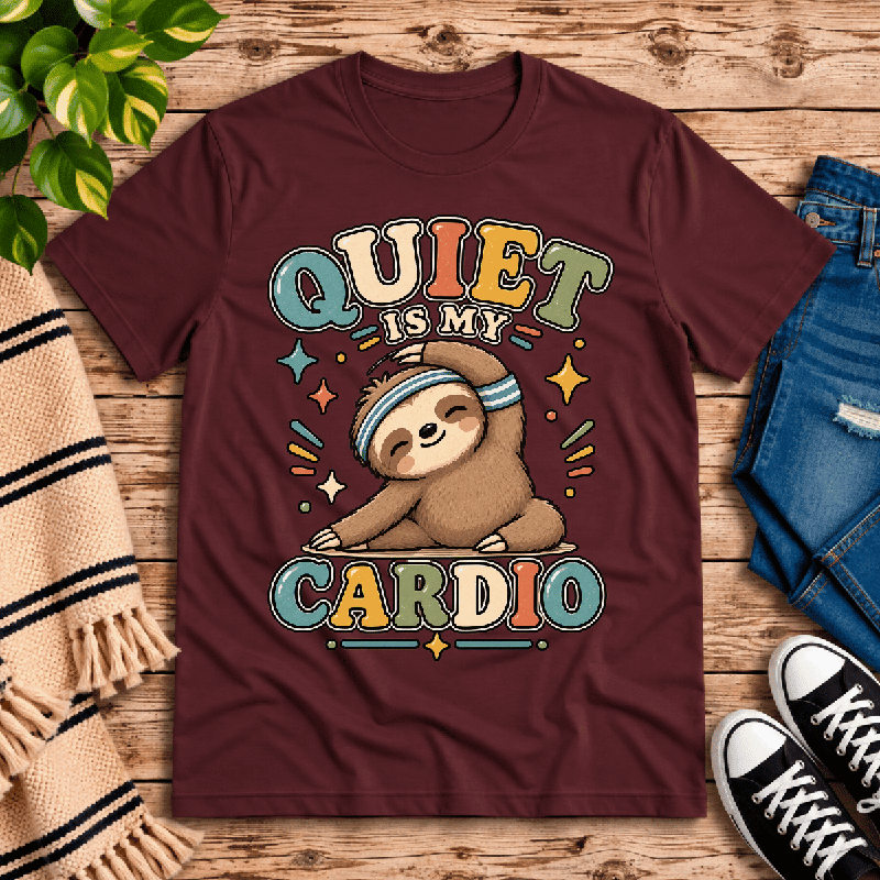 Quiet Is My Cardio Premium T-Shirt in maroon, flat lay