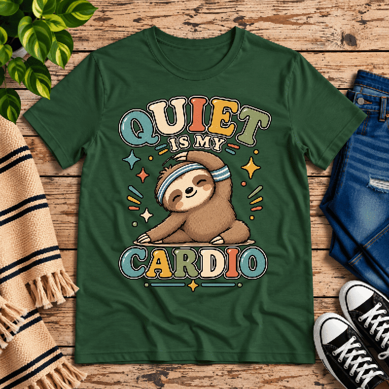 Quiet Is My Cardio Premium T-Shirt in evergreen, flat lay