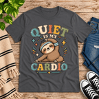 Quiet Is My Cardio Premium T-Shirt in asphalt gray, flat lay with stretching cartoon sloth graphic