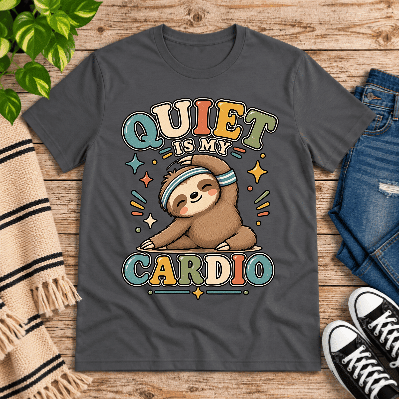 Quiet Is My Cardio Premium T-Shirt in asphalt gray, flat lay with stretching cartoon sloth graphic