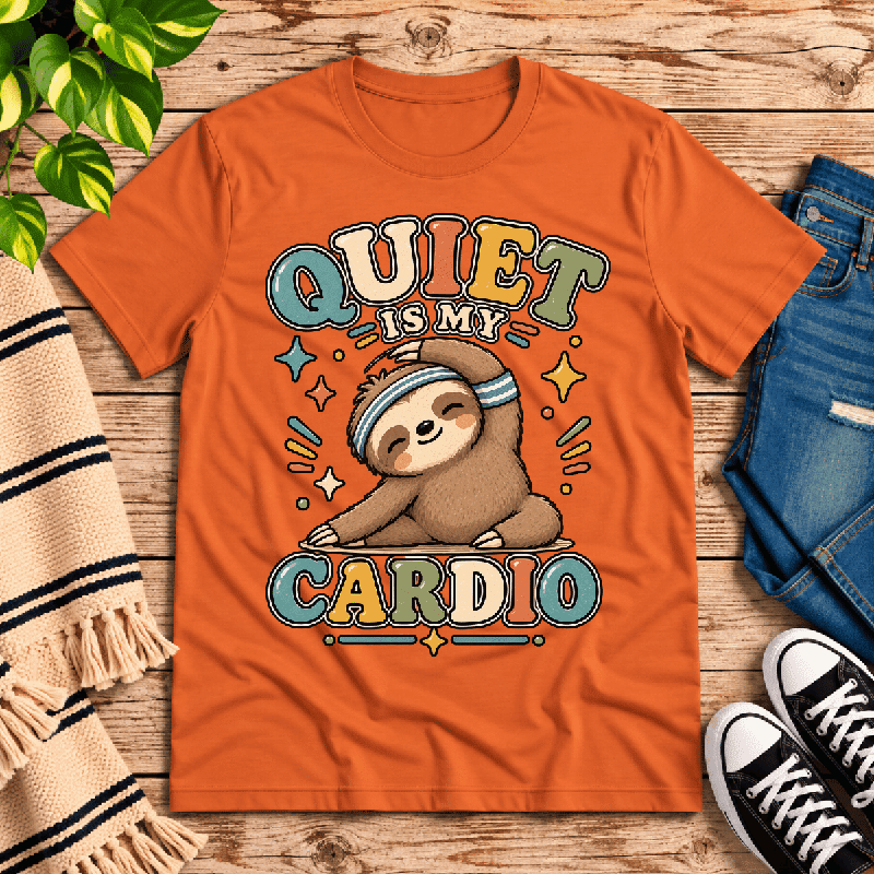 Quiet Is My Cardio Premium T-Shirt in burnt orange, flat lay