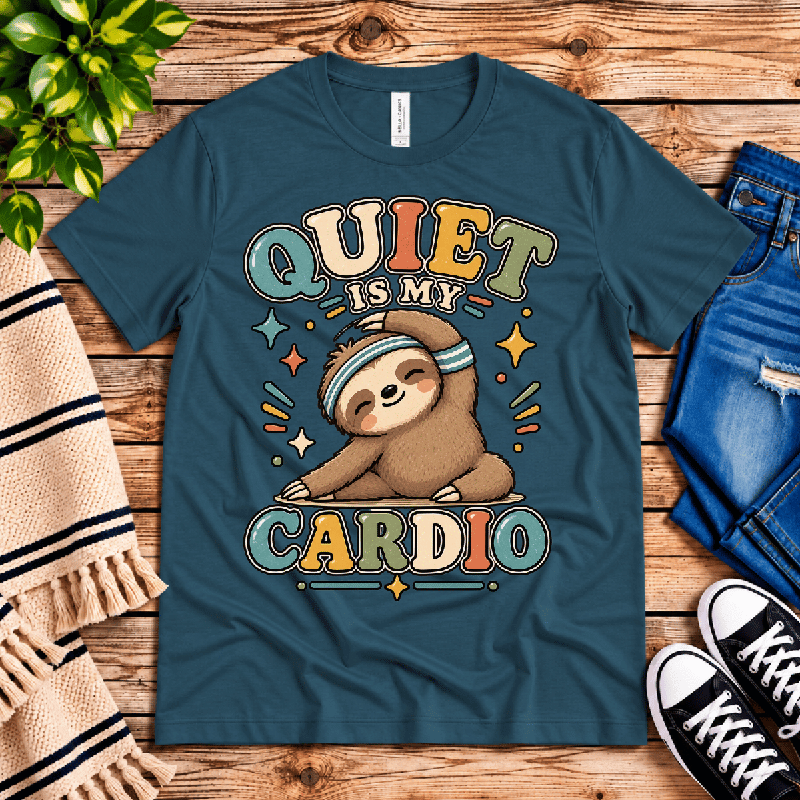 Quiet Is My Cardio Premium T-Shirt in deep teal, flat lay