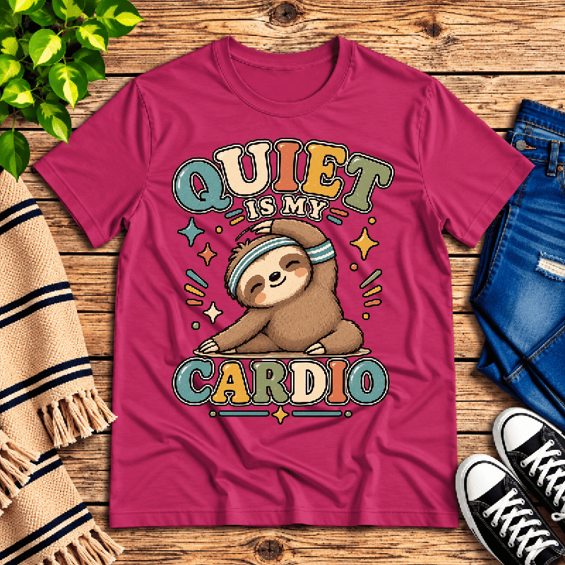 Quiet Is My Cardio Premium T-Shirt in berry, flat lay