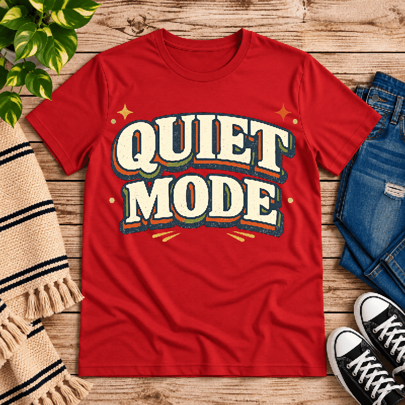 Quiet Mode Premium T-Shirt in red, flat lay with retro bubble-letter "Quiet Mode" graphic