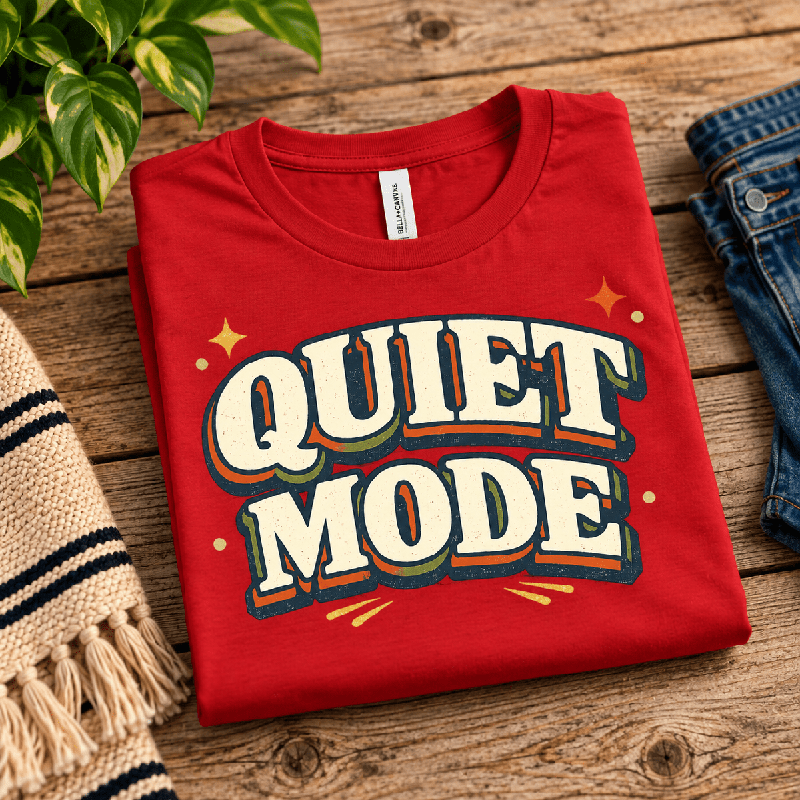 Quiet Mode Premium T-Shirt in red, folded close-up with neck tag showing