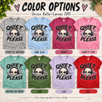 Quiet Please Premium T-Shirt color chart: Athletic Heather, Baby Blue, Berry, Charity Pink, Heather Sea Green, Leaf, Lilac, Red