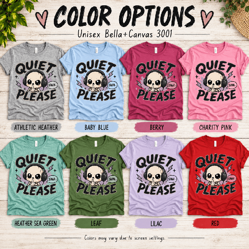 Quiet Please Premium T-Shirt color chart: Athletic Heather, Baby Blue, Berry, Charity Pink, Heather Sea Green, Leaf, Lilac, Red