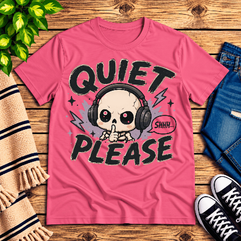 Quiet Please Premium T-Shirt in charity pink, flat lay