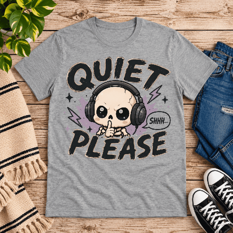 Quiet Please Premium T-Shirt in athletic heather gray, flat lay