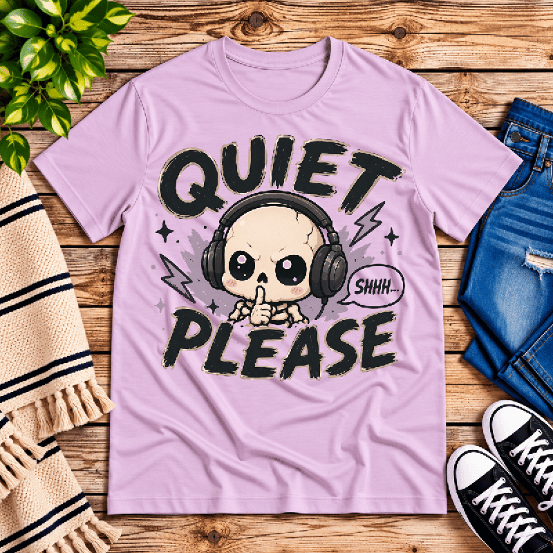 Quiet Please Premium T-Shirt in lilac, flat lay with shushing skeleton wearing headphones graphic