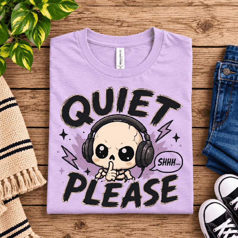 Quiet Please Premium T-Shirt in lilac, folded close-up with neck tag showing
