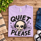 Quiet Please Premium T-Shirt in lilac, folded close-up with neck tag showing