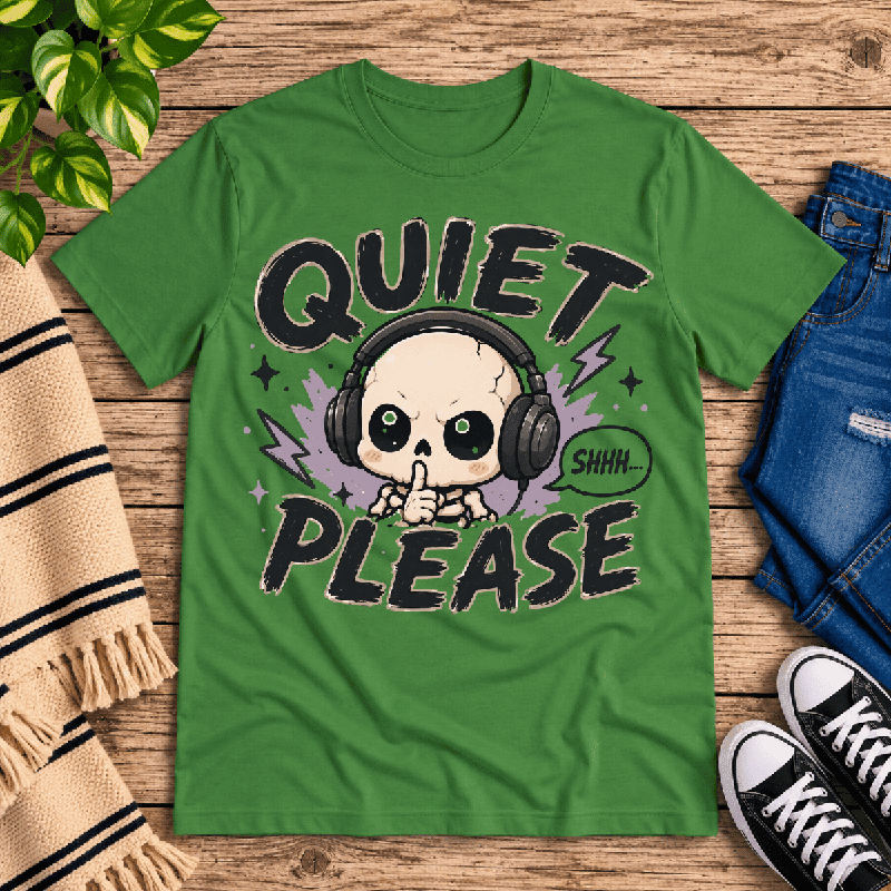 Quiet Please Premium T-Shirt in leaf green, flat lay