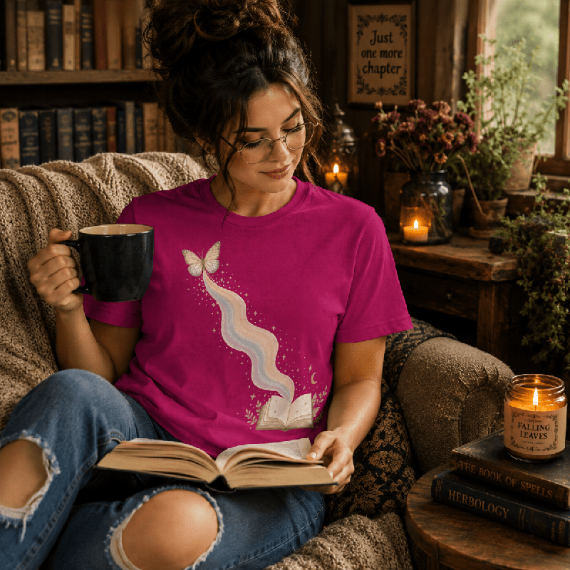 Woman reading a book and holding a mug, wearing the Rainbow Book Premium T-Shirt in charity pink