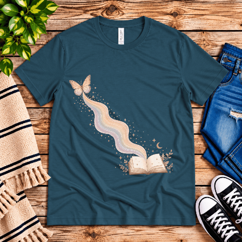 Rainbow Book Premium T-Shirt in deep teal, flat lay