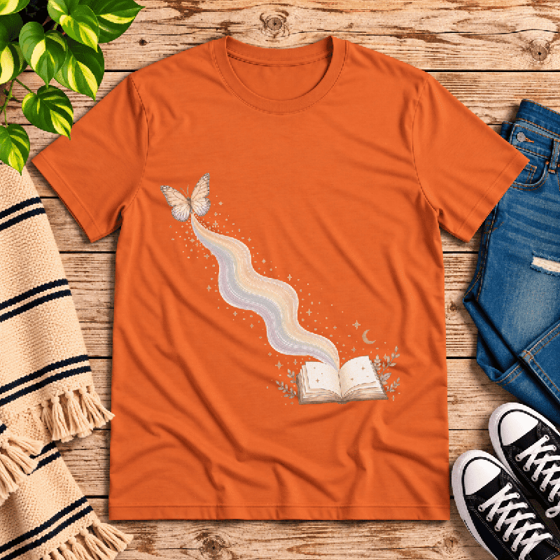 Rainbow Book Premium T-Shirt in burnt orange, flat lay