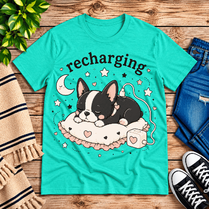 Recharging Boston Premium T-Shirt in heather sea green, flat lay