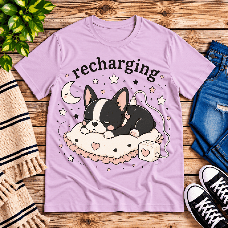 Recharging Boston Premium T-Shirt in lilac, flat lay