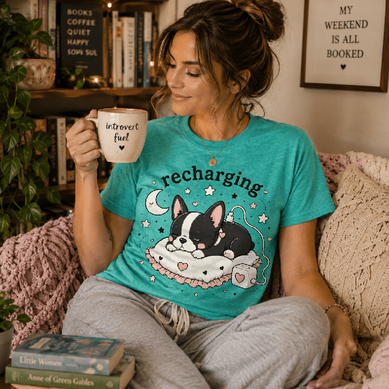 Woman sitting on a couch holding a mug, wearing the Recharging Boston Premium T-Shirt in heather sea green