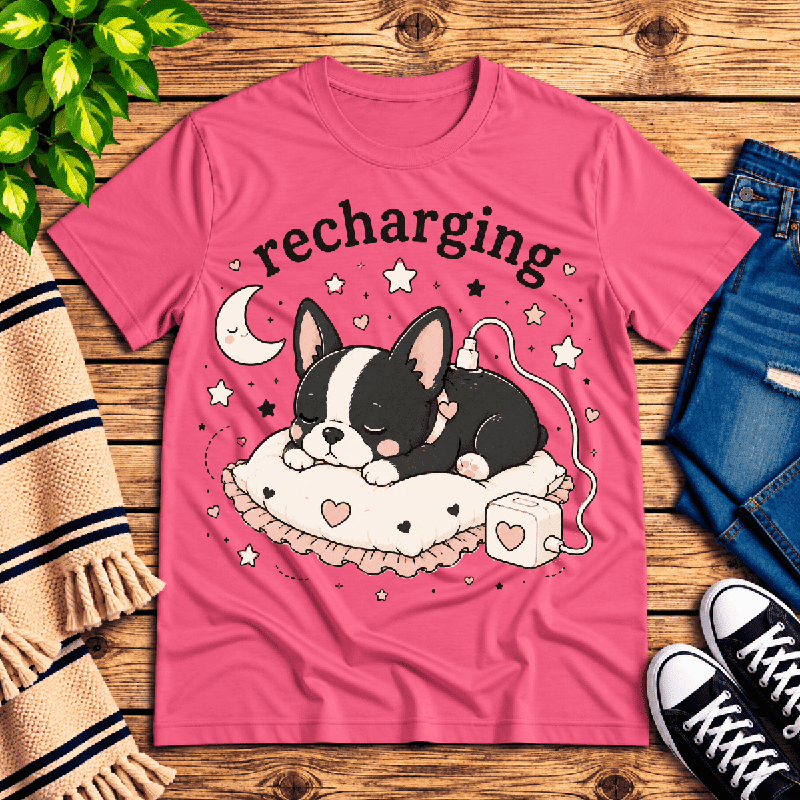 Recharging Boston Premium T-Shirt in charity pink, flat lay with sleeping Boston Terrier puppy and charging cable graphic