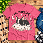 Recharging Boston Premium T-Shirt in charity pink, flat lay with sleeping Boston Terrier puppy and charging cable graphic