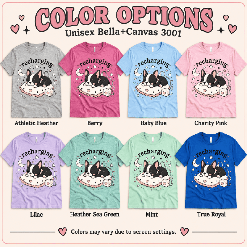 Recharging Boston Premium T-Shirt color chart: Athletic Heather, Berry, Baby Blue, Charity Pink, Lilac, Heather Sea Green, Mint, True Royal