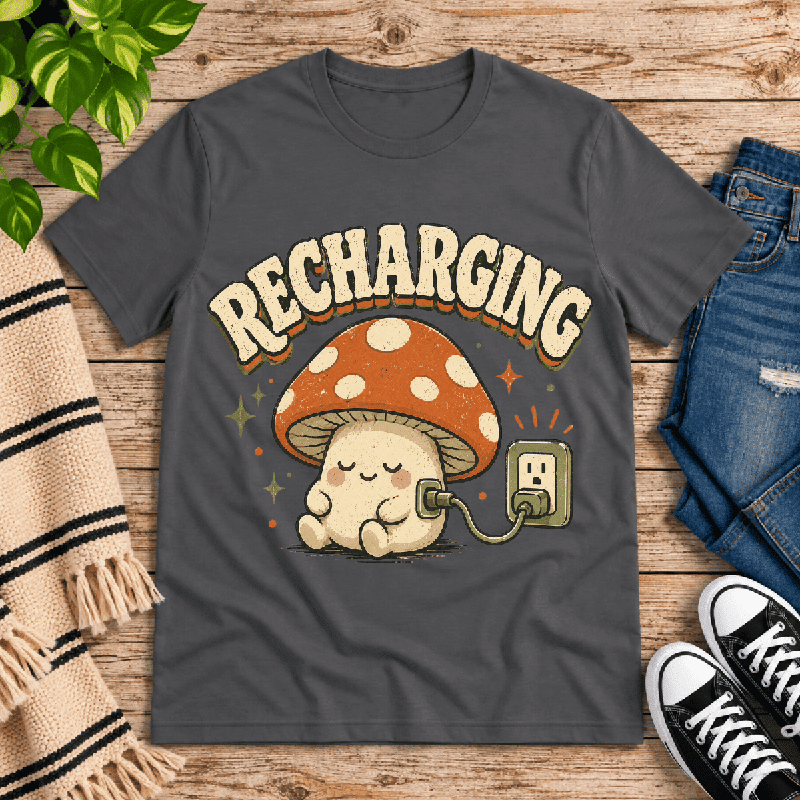 Recharging Mushroom Premium T-Shirt in asphalt gray, flat lay with mushroom character plugged into an outlet graphic