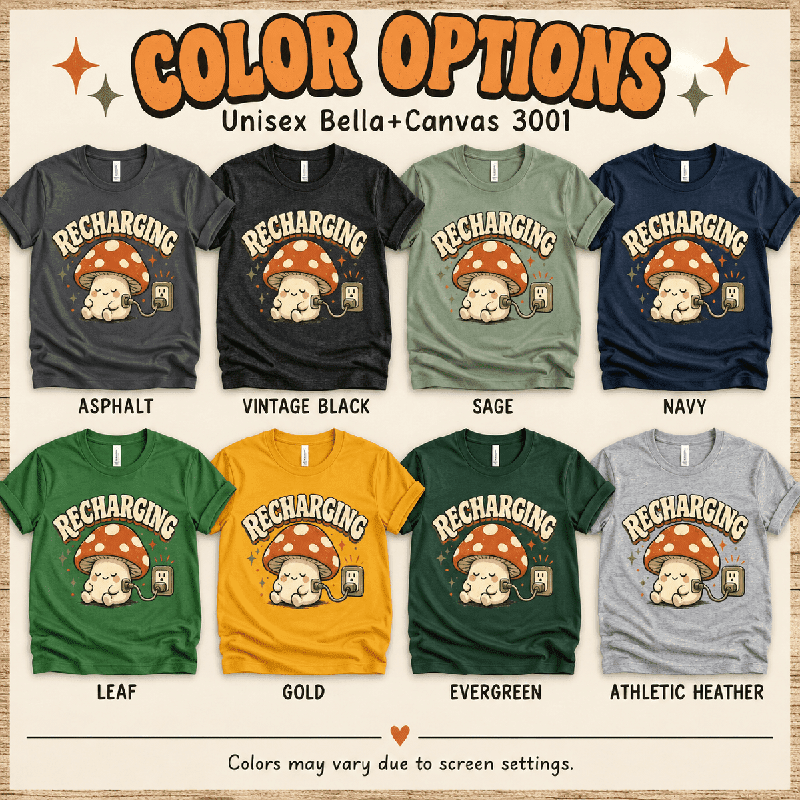 Recharging Mushroom Premium T-Shirt color chart: Asphalt, Vintage Black, Sage, Navy, Leaf, Gold, Evergreen, Athletic Heather