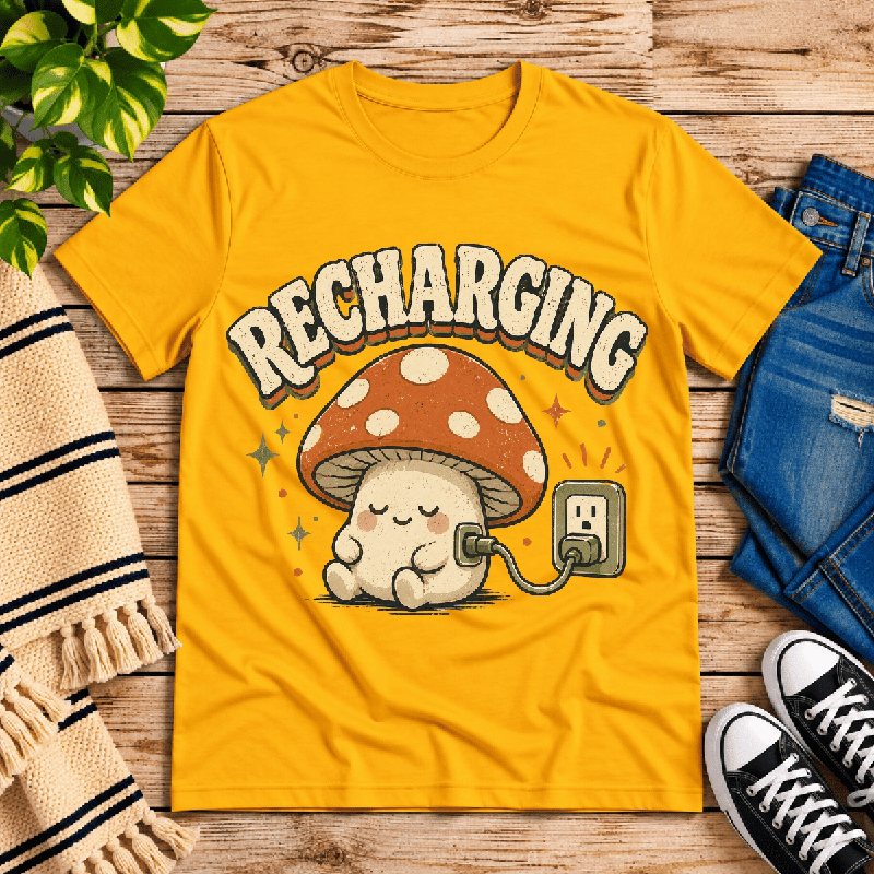 Recharging Mushroom Premium T-Shirt in gold, flat lay