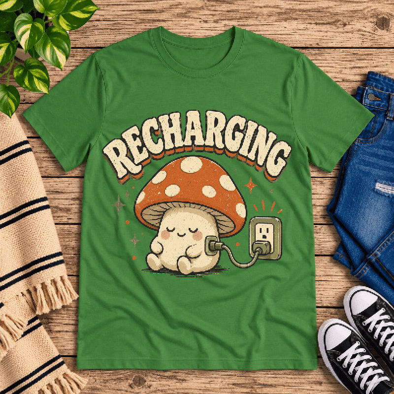 Recharging Mushroom Premium T-Shirt in leaf green, flat lay