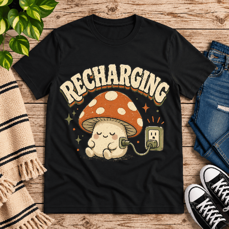 Recharging Mushroom Premium T-Shirt in vintage black, flat lay
