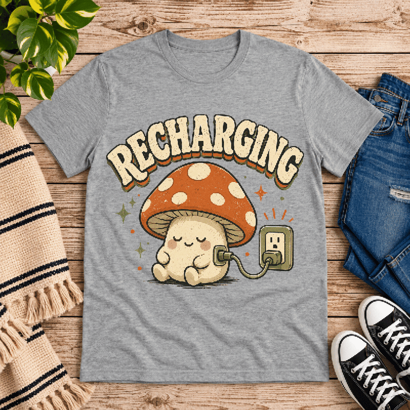Recharging Mushroom Premium T-Shirt in athletic heather gray, flat lay