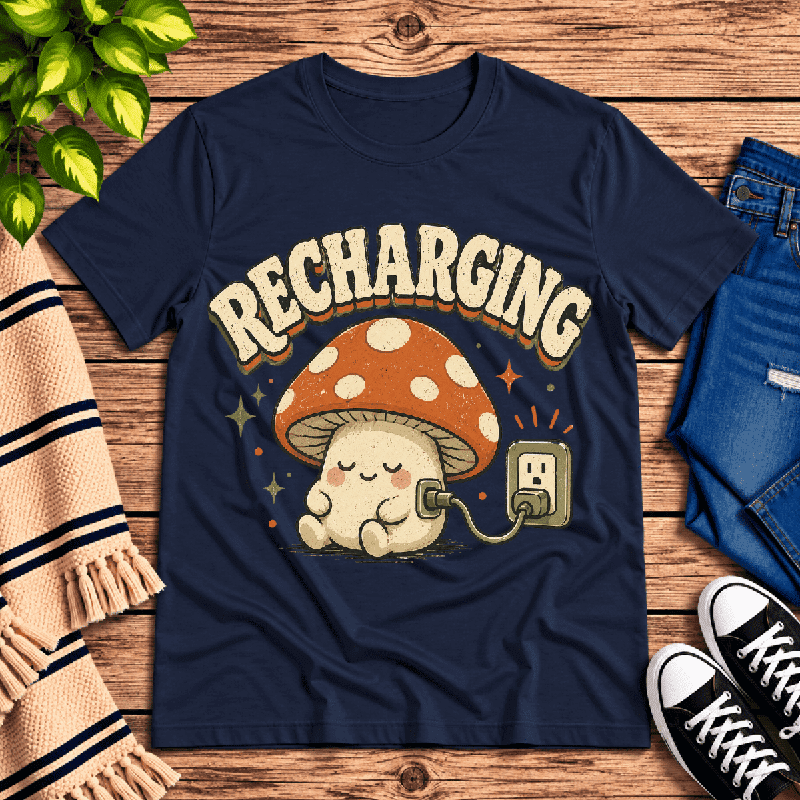Recharging Mushroom Premium T-Shirt in navy, flat lay