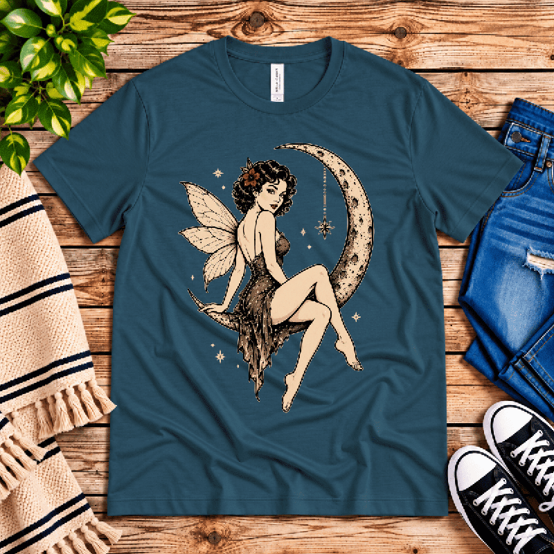 Red Rose Moon Premium T-Shirt in deep teal, flat lay with neck tag showing