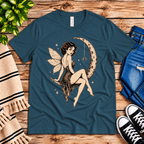 Red Rose Moon Premium T-Shirt in deep teal, flat lay with neck tag showing