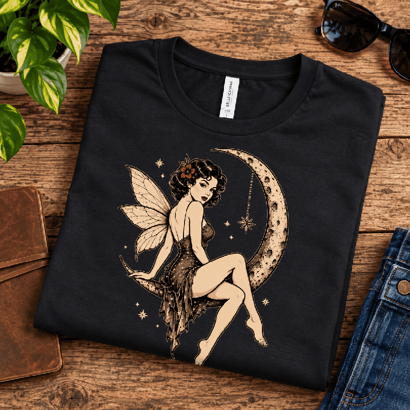 Red Rose Moon Premium T-Shirt in vintage black, folded close-up with neck tag showing
