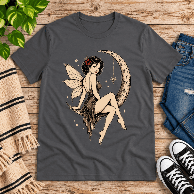 Red Rose Moon Premium T-Shirt in asphalt gray, flat lay with fairy sitting on a crescent moon graphic